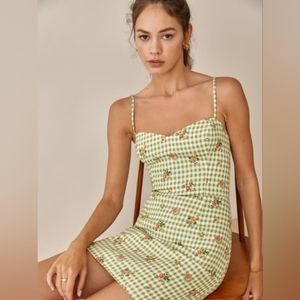 Reformation Roarke Linen Mini Dress in Patio Green Check Print